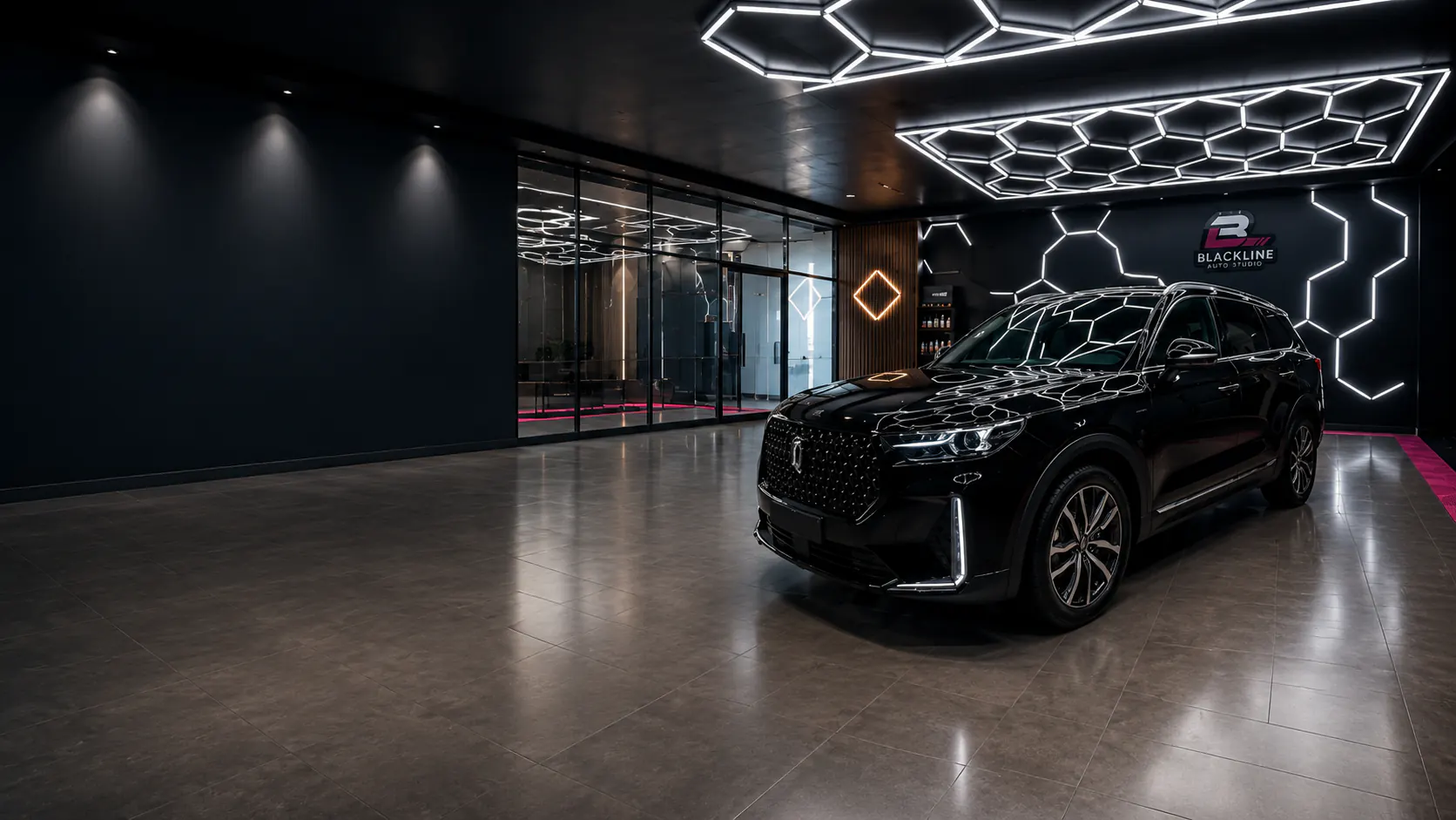 Showroom Blackline Auto Studio Panamá · SUV premium bajo iluminación hexagonal LED